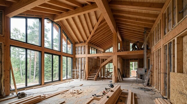 Interior view of a large wooden house under construction with high cei