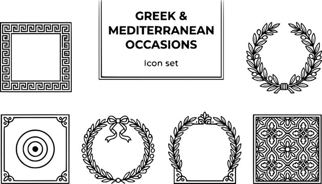 Greek and Mediterranean Occasions Outline Icon Set with Greek Key Meander, Olive Branch Wreath and Evil Eye Symbol Frames, Editable Vector Line Art, 6 Icons