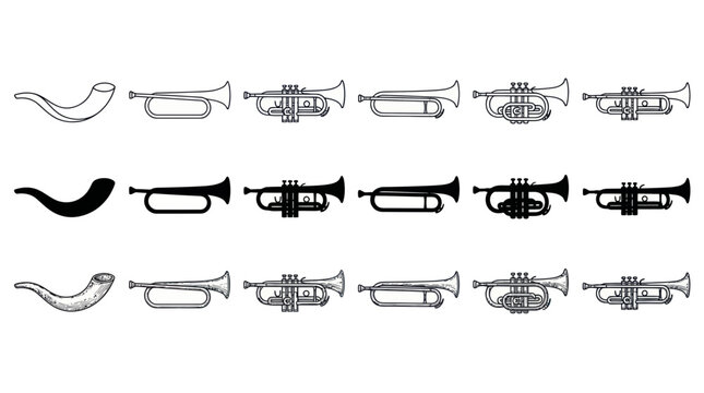 Musical brass wind instruments icons in different graphic styles