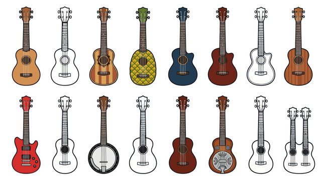 Diverse collection of ukulele and small stringed instrument icons