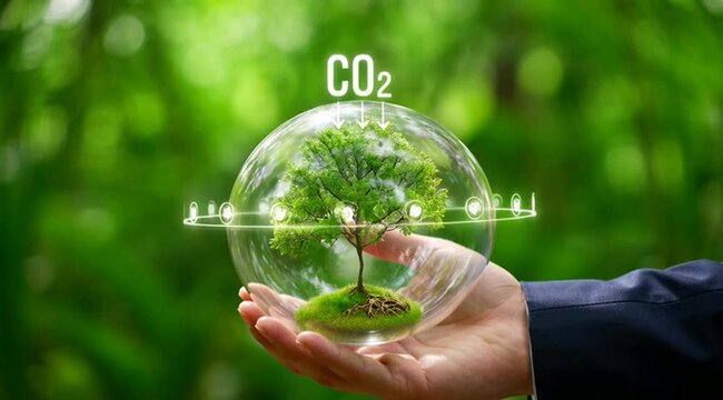 Business holding a glass sphere containing a growing tree with digital c o2 emission reduction representing environmental