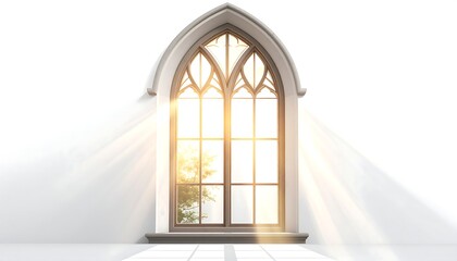 Fototapeta premium A tall arched window emits bright sunlight, casting rays across a white surface. The intricate design of the window is visible