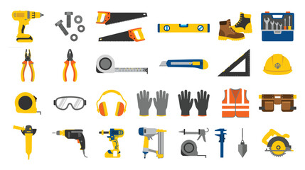 Fototapeta premium Construction and repair tools collection flat vector icons set for hardware home renovation.