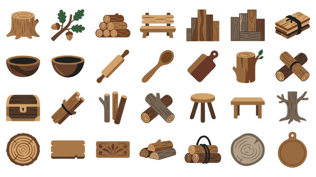 Detailed wooden objects collection including logs stumps benches and kitchenware flat icons.