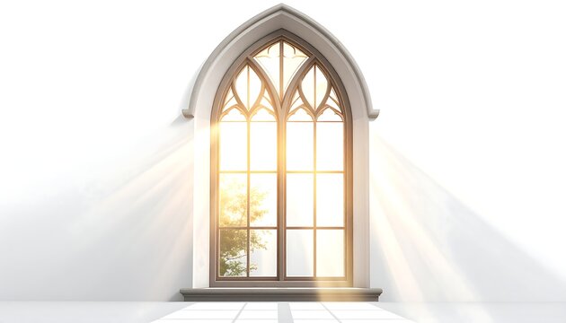 A tall arched window emits bright sunlight, casting rays across a white surface. The intricate design of the window is visible