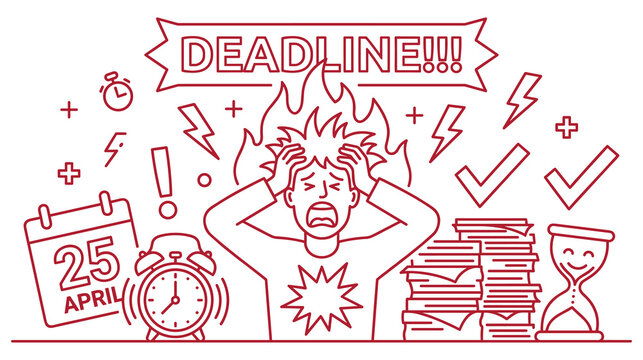 Deadline pressure linear vector illustration showing stressed person with alarm and calendar.