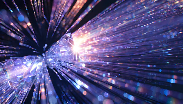 Abstract background with glowing crystal prisms and light rays, digital art representation of fiber optics, data transmission, and futuristic technology