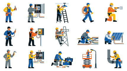 Fototapeta premium Set of electricians professional characters at work isolated on white background flat vector.