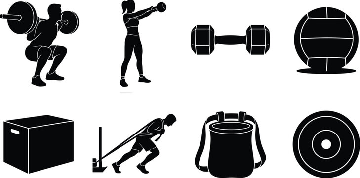 Set of fitness gym training and functional workout black silhouette icons isolated on white background