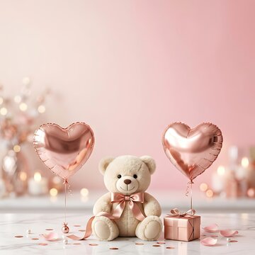 Romantic birthday background with teddy bear balloons and gift box