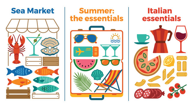 Summer and italian essentials flat vector illustration with sea market elements for your design.