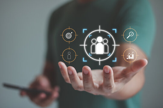 Man open palm hand, customer targeting and audience segmentation concept, digital marketing analytics, consumer profiling, business strategy, data analysis, lead generation, market research technology