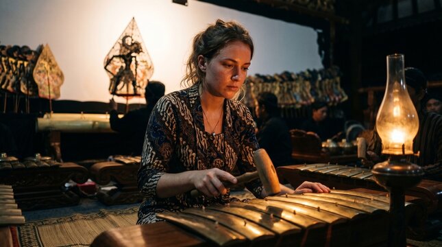 a young Caucasian female tourist, wearing an authentic Javanese batik shirt, intently playing the Saron instrument during a live Wayang Kulit performance. 