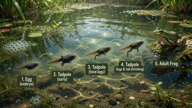 Frog life cycle frog egg tadpole early tadpole hind leg tadpole leg tail shrinking adult frog pond freshwater amphibian metamorphosis nature biology education teaching diagram label stage