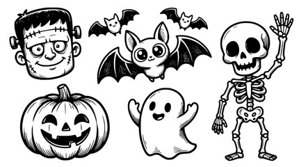 Obraz premium Black and white Halloween vector graphic illustrations of spooky characters