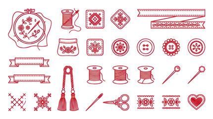 Red hand drawn embroidery and tailoring tool icons collection © Berlin