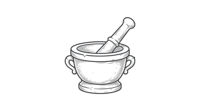 Vintage stone mortar and pestle hand drawn line art