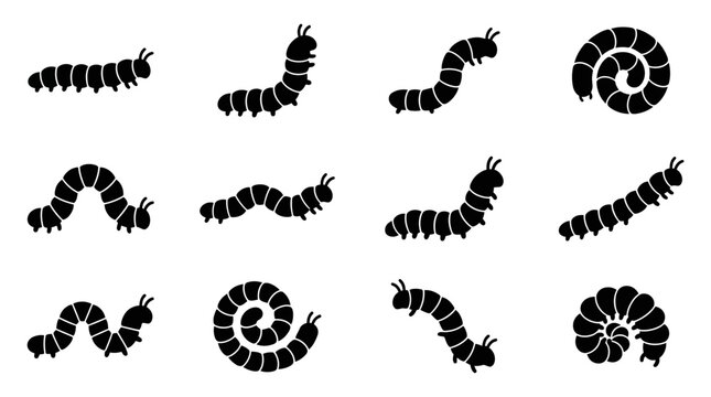 Set of ten black silhouette icons depicting caterpillars in various poses on a leaf and orientations showcasing a caterpillar climbing