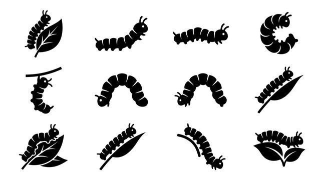 A set of black silhouette icons depicting caterpillars crawling on leaves in various poses and orientations