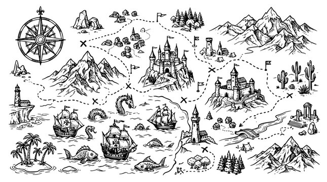 Vintage treasure map illustration with landmarks and navigation symbols