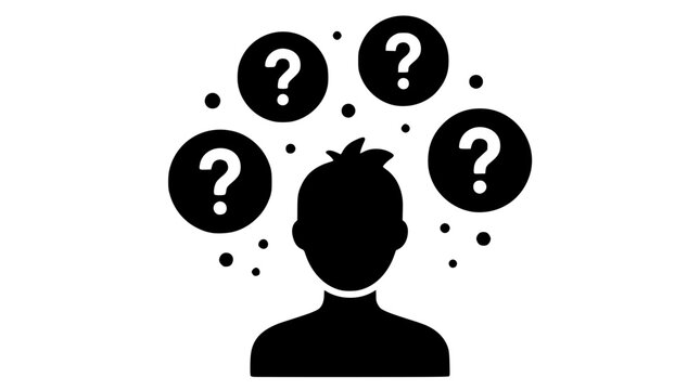 Black silhouette of a person with question marks above head