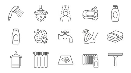 Fototapeta premium Bathroom hygiene and personal care equipment line icons