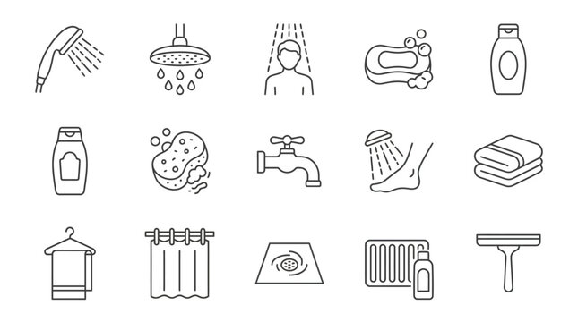 Bathroom hygiene and personal care equipment line icons