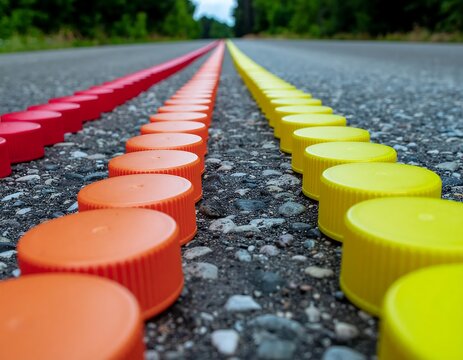 Colorful Plastic Caps Lined Up on Asphalt Road.