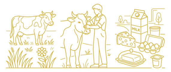 Dairy farm concept showing cow and farmer with fresh organic food products like milk. © KALPANA AKTER