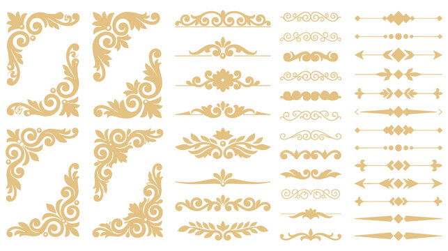 Vintage gold ornamental frames and classic decorative border dividers set on white surface.