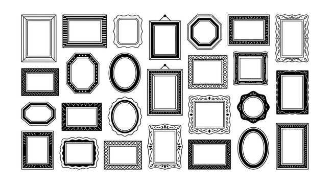 Collection of diverse ornamental and plain picture frames with various shapes and decorative borders arranged in rows ornate vintage antique classic elegant rectangular square