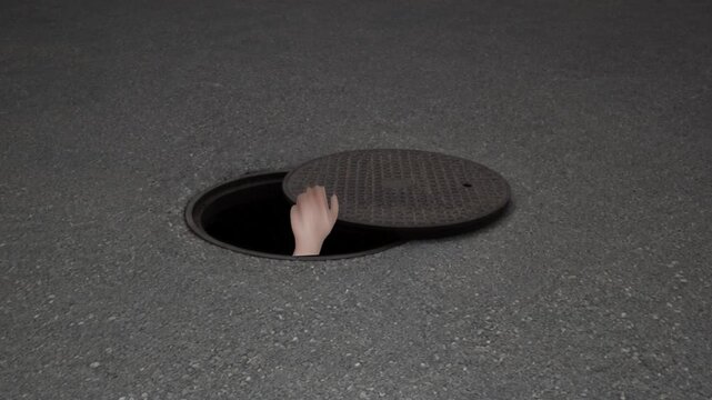 Male hand waving from inside a manhole