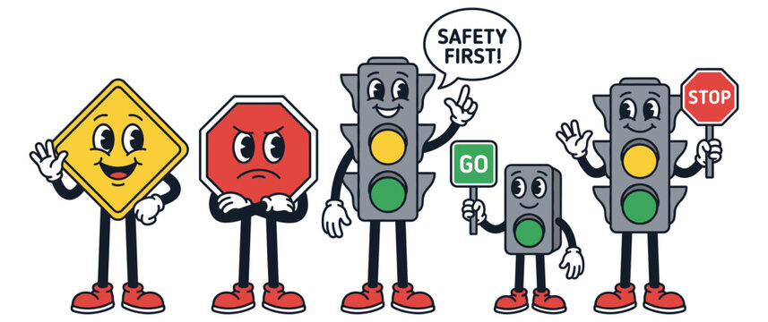 Traffic signal characters with safety messages and stop signs in retro cartoon illustration.