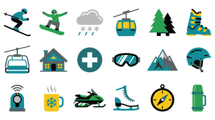Winter sport icon collection with flat vector illustrations for mountain travel adventures. © md