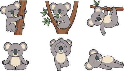 Cute koala illustrations in various playful poses on tree branches © Md