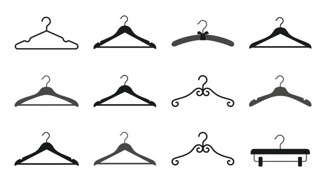 Collection of various clothing hanger silhouettes featuring different shapes and styles for retail store displays and home wardrobe organization solutions