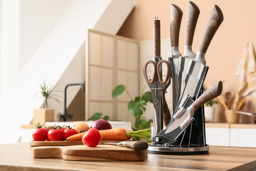 Modern kitchen knife set with fresh vegetables on wooden countertop
