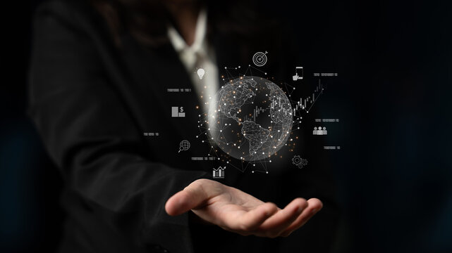 Global business network connecting digital economy and data exchange. Global business expands market, business shares data, global drives finance, and global business supports insight. Latch