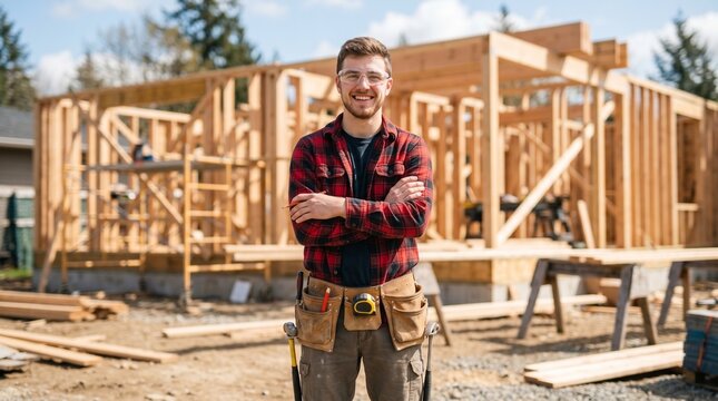 Construction worker smiling with arms crossed at new home build site