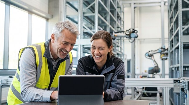 Two smiling factory workers looking at a tablet in a modern industrial setting