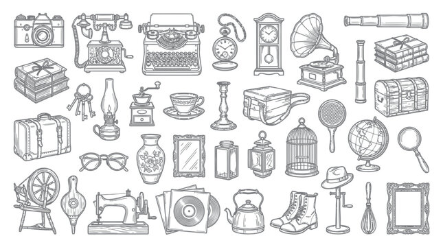 Vintage antique household objects and equipment line art set
