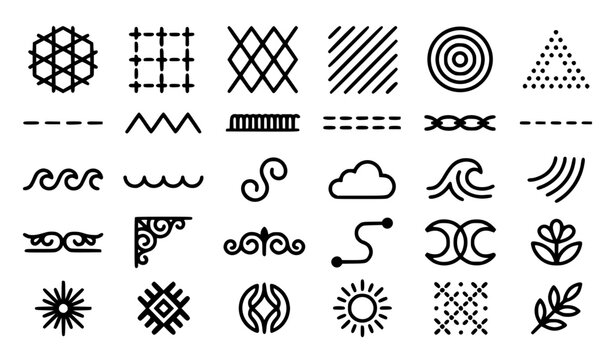 Abstract Geometric Patterns and Graphic Design Elements Set with Waves, Lines, Dashes, Dots, Stars, Swirls, and Ornamental Borders for Creative Backgrounds