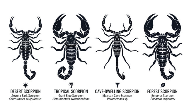 Four different types of scorpions including desert, tropical, cave dwelling, and forest scorpions