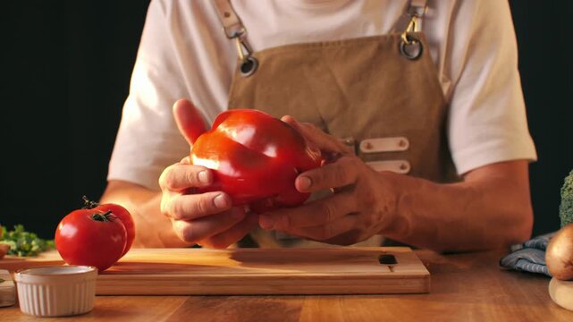 Man cut yellow sweet pepper, Chef hands with knife for onion, cutting and preparation with cooking for dish. Restaurant, culinary service and cook with skills for catering, business and hospitality by