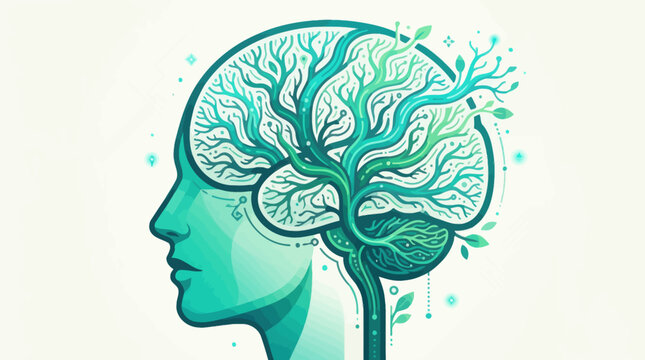 Teal human head profile with tree brain for psychology and growth