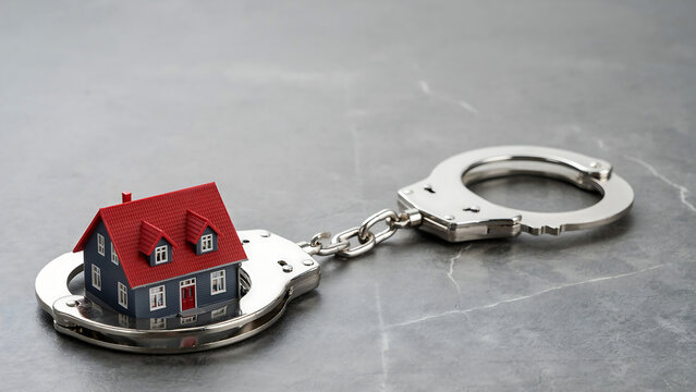 House model in handcuffs foreclosure and financial crisis concept