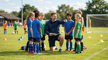 Naklejka premium Smiling male soccer coach instructing a youth team on a grassy field. Happy children listening to their instructor during football practice. Teamwork and active lifestyle concept