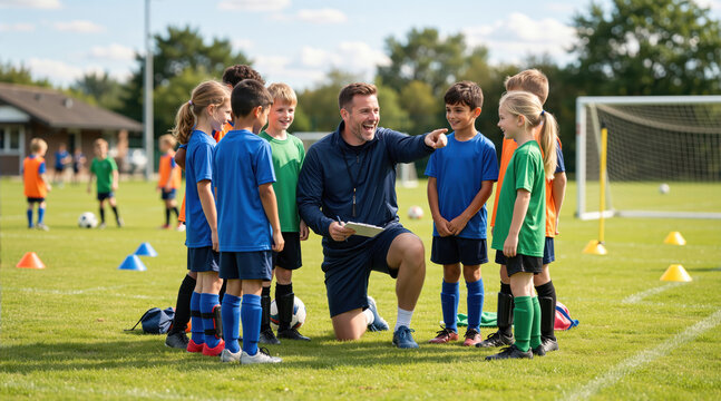 Smiling male soccer coach instructing a youth team on a grassy field. Happy children listening to their instructor during football practice. Teamwork and active lifestyle concept