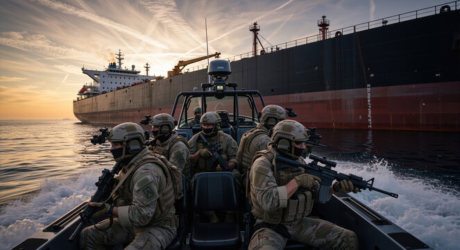 Special forces team on a fast boat approaching an oil tanker in ocean at sunset. Armed military soldiers in tactical gear conducting a maritime operation