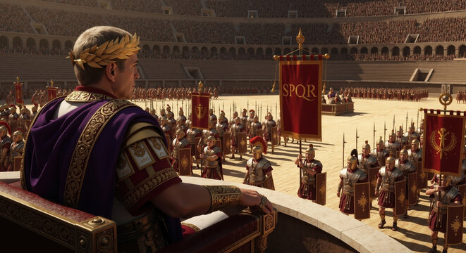 Roman emperor overlooking a vast army in an ancient arena. Powerful leader in purple robes with golden laurel wreath. Historical military formation with SPQR banners